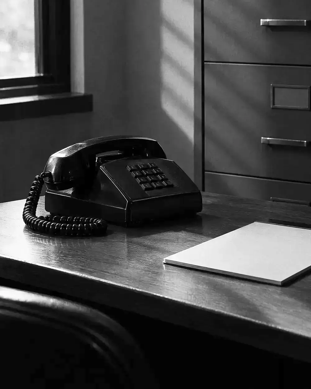 Tischtelefon und Notizblock auf einem dunklen Schreibtisch vor einem geschlossenen Aktenschrank