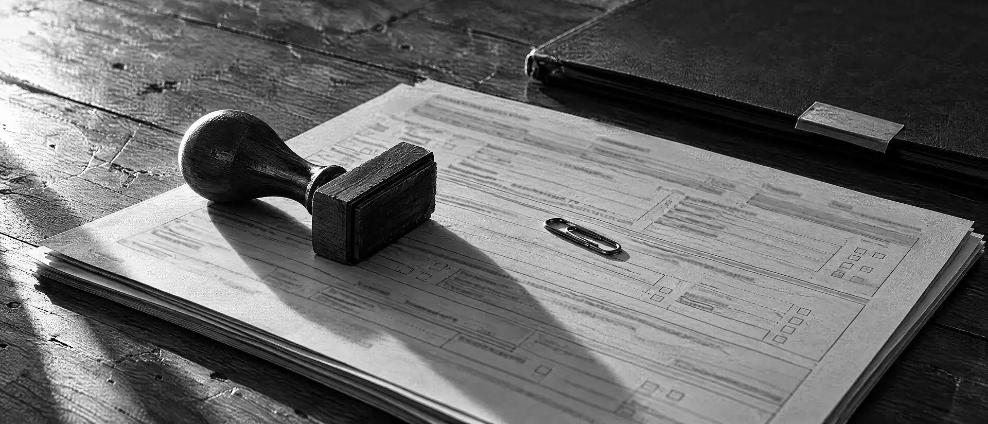 Formularstapel mit Holzstempel, Büroklammer und geschlossener Mappe auf einem Holztisch