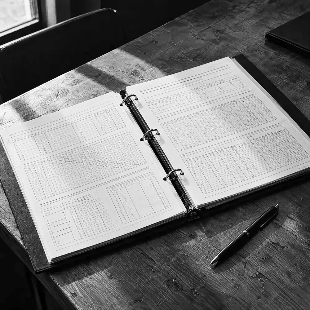 Aufgeschlagener Ringordner mit gedruckten Schulungsunterlagen, daneben ein Stift auf einem Besprechungstisch im harten Seitenlicht