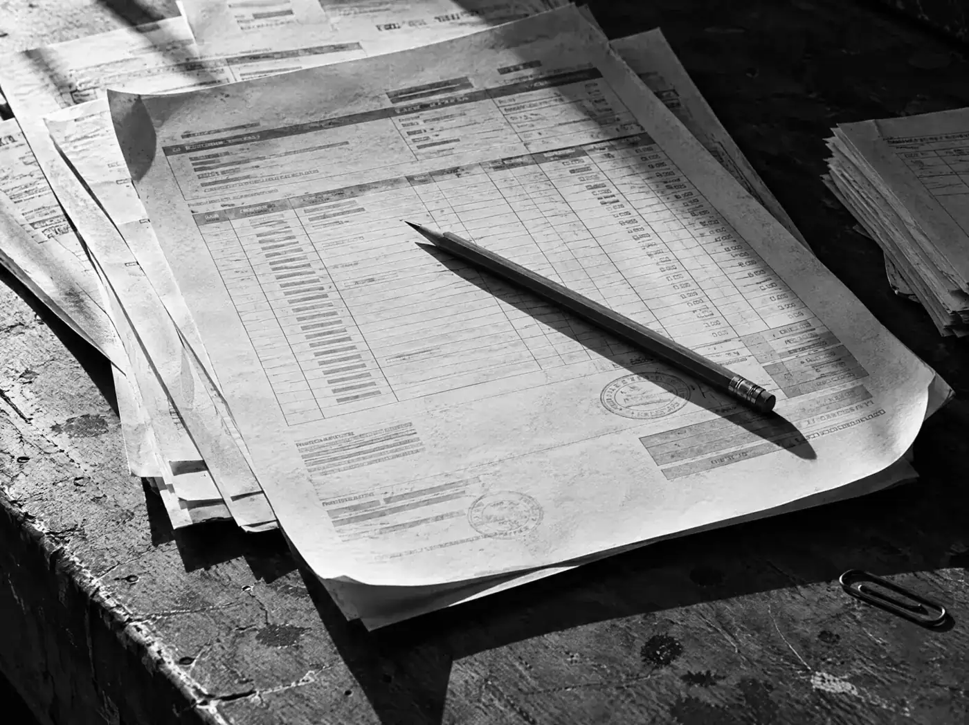 Stapel unleserlicher Rechnungsblätter mit Bleistift und Büroklammer auf einer Werkbank im harten Seitenlicht