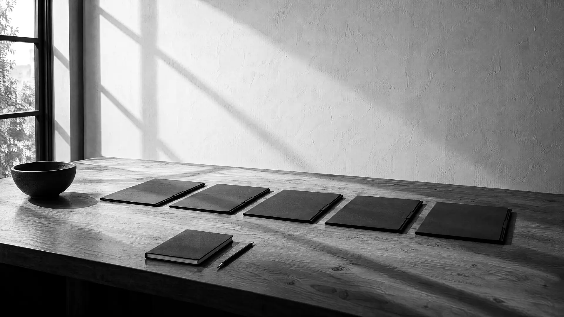 Fünf dunkle Mappen in einer Reihe auf einem langen Holztisch, geschlossenes Notizbuch und Bleistift daneben, heller Wandhintergrund mit Fensterschatten