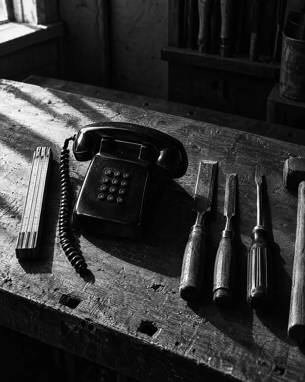 Telefon auf einer Werkbank zwischen Zollstock und Stechbeiteln