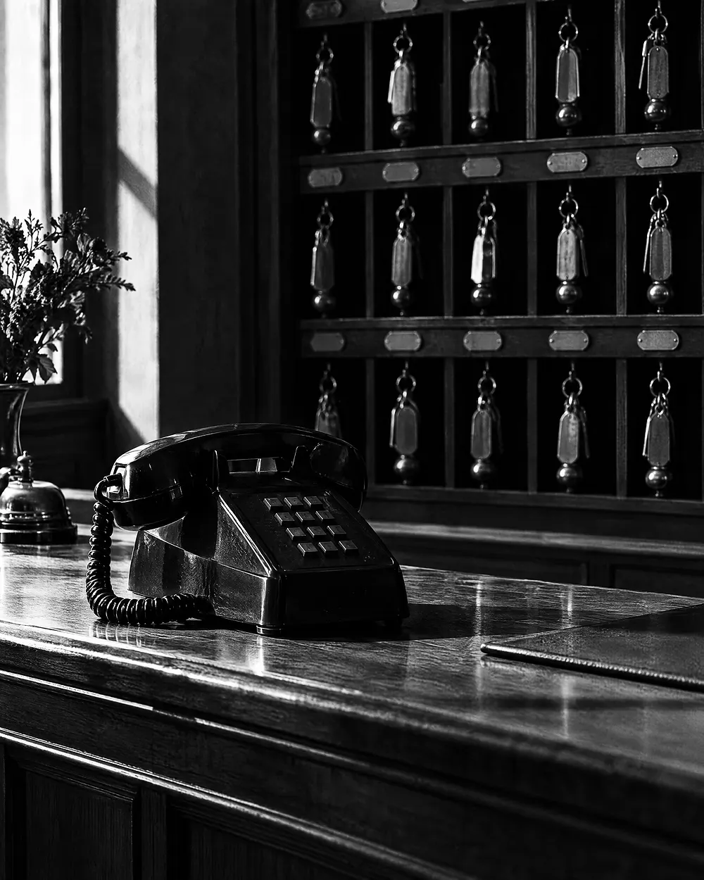 Telefon auf einer hölzernen Rezeptionstheke vor einem Schlüsselbrett