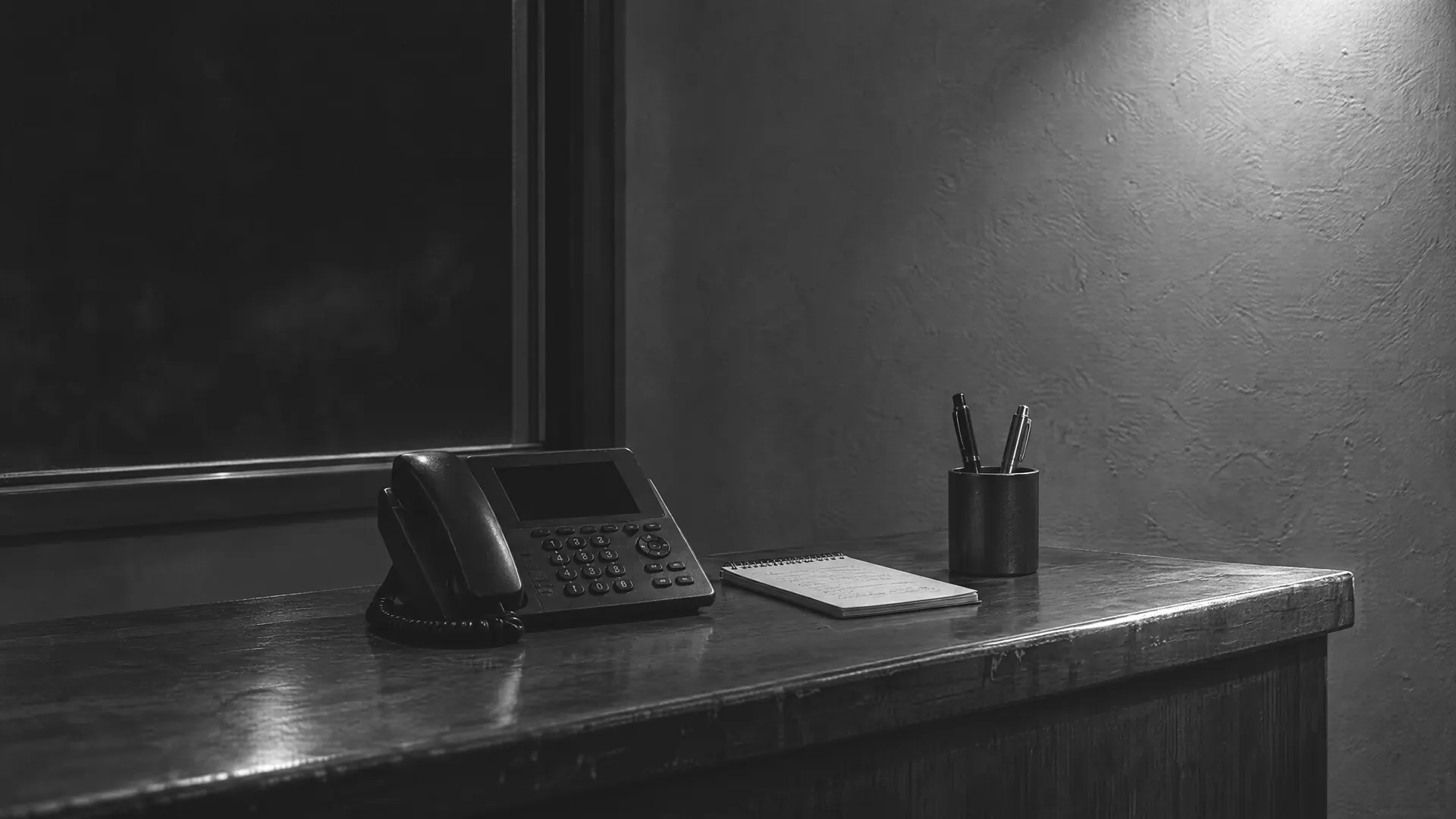 Empfangstheke am Abend: Telefon mit dunklem Display, Notizblock mit Handschrift und Stifthalter auf Holz, Fenster nur dunkle Nachtfläche