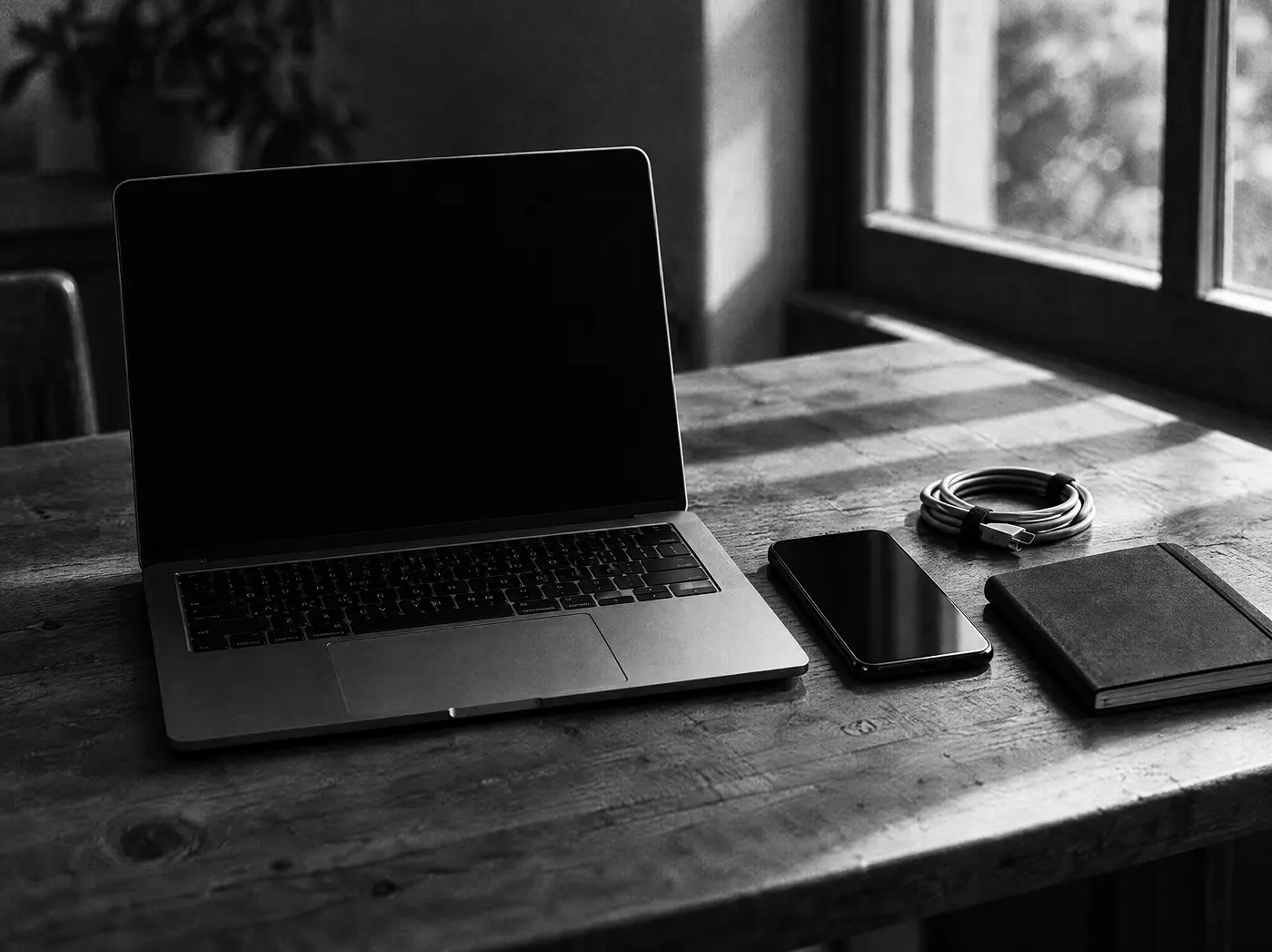 Aufgeklappter Laptop und Smartphone mit dunklem Display auf einem Holztisch, daneben ein aufgerolltes Kabel und ein Notizbuch