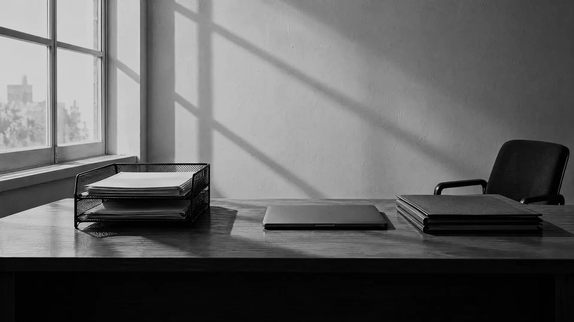 Leerer Büroarbeitsplatz: Draht-Ablagekorb mit Papieren, geschlossener Laptop und Ordnerstapel auf einem Holztisch, hartes Fensterlicht
