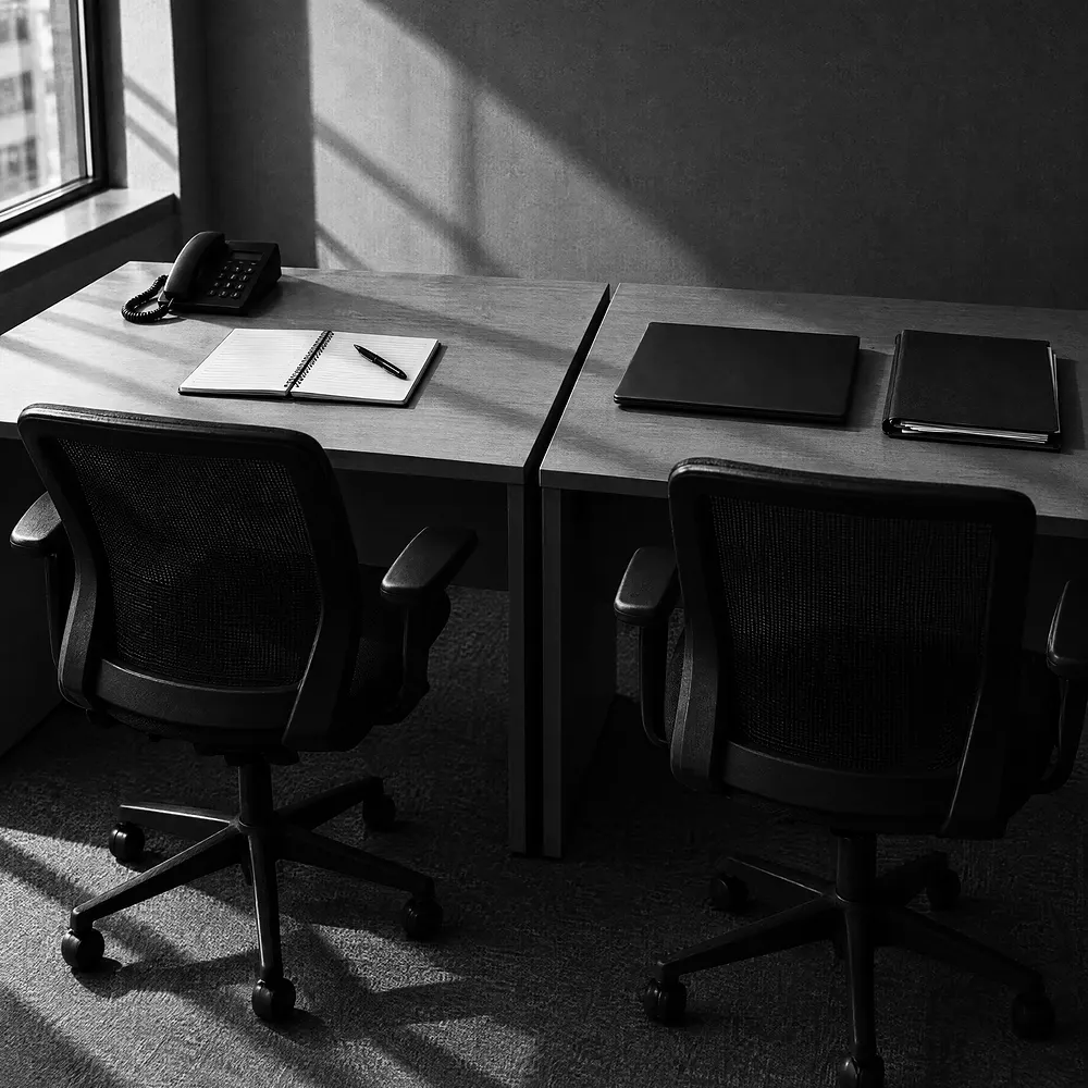 Zwei leere Arbeitsplätze nebeneinander: links Telefon und Notizblock, rechts ein geschlossener Laptop und ein Ordner, davor leere Bürostühle