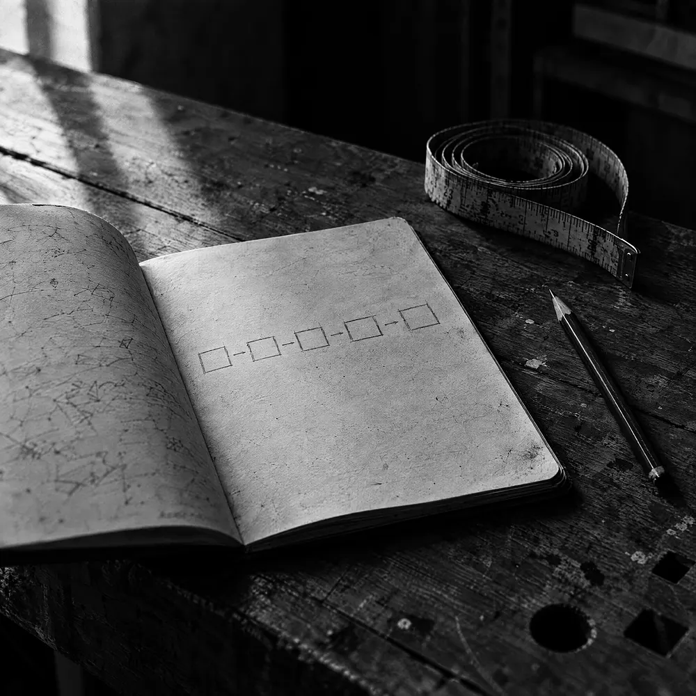 Eine Werkbank mit aufgeschlagenem Notizbuch, auf der Seite ein Ablauf aus verbundenen Kästchen skizziert, daneben ein eingerolltes Maßband und ein Bleistift