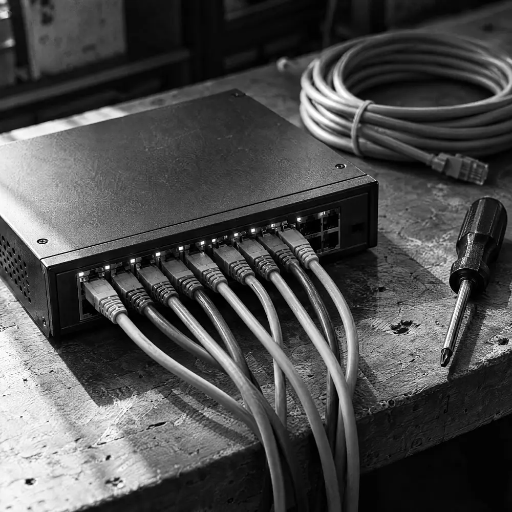 Netzwerk-Switch mit eingesteckten Patchkabeln auf einer Werkbank, daneben aufgerolltes Kabel und Schraubendreher