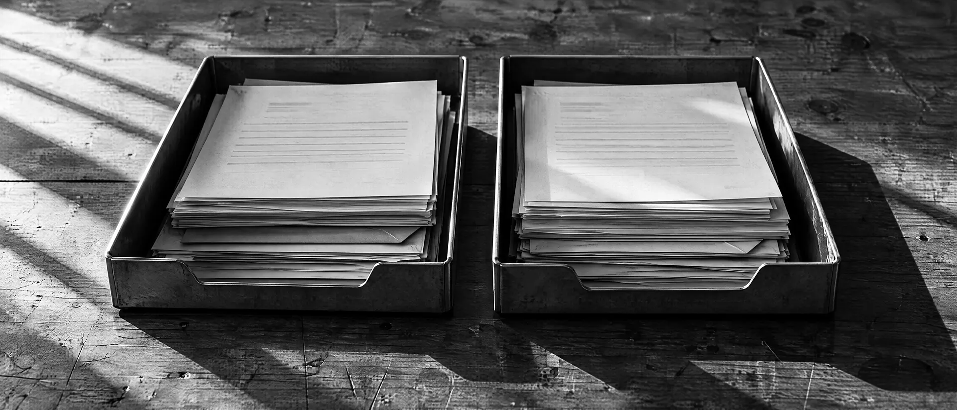 Zwei gefüllte metallene Ablagekörbe mit Papierstapeln nebeneinander auf einem Holztisch