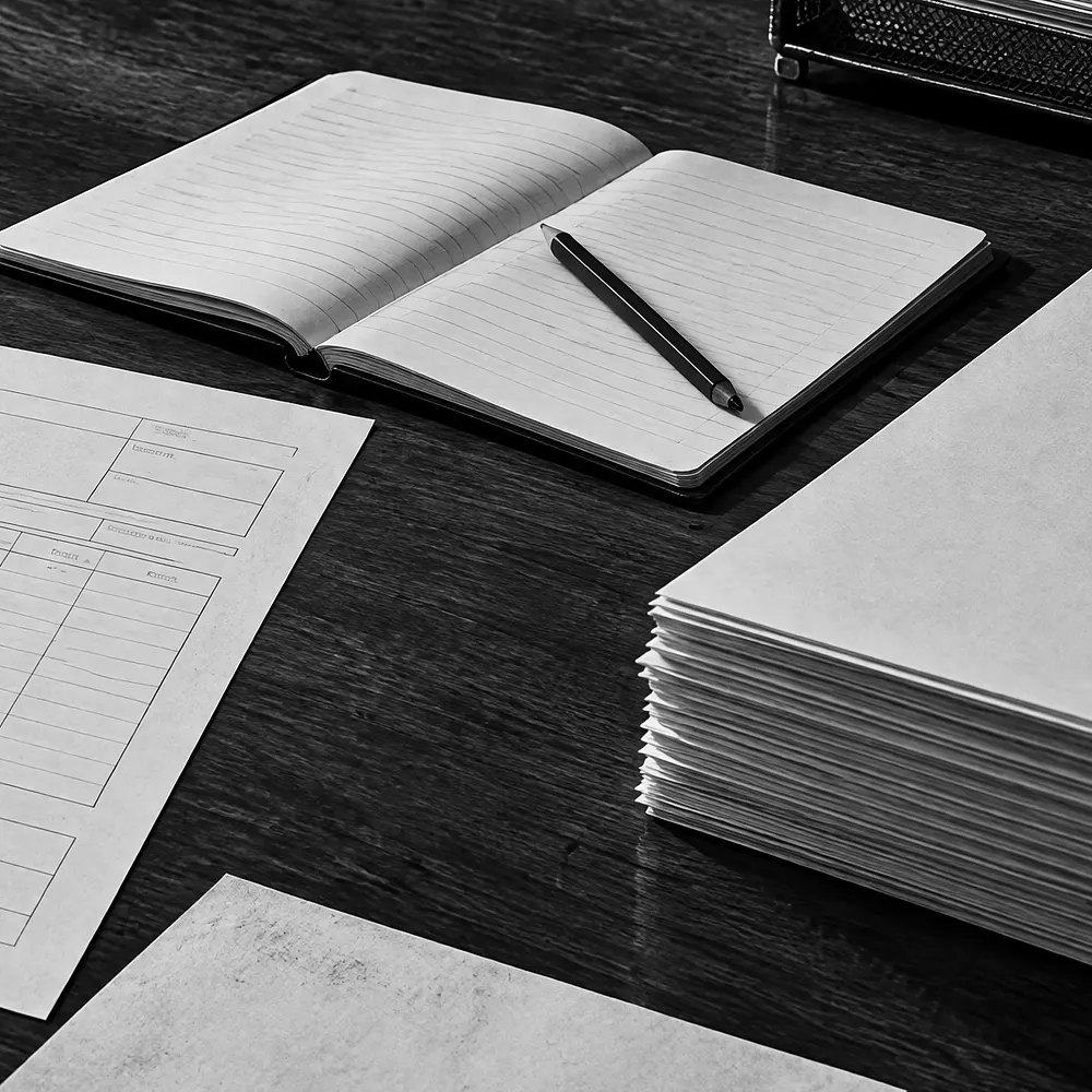 Aufgeschlagenes Notizbuch mit Bleistift neben Formular und Papierstapel