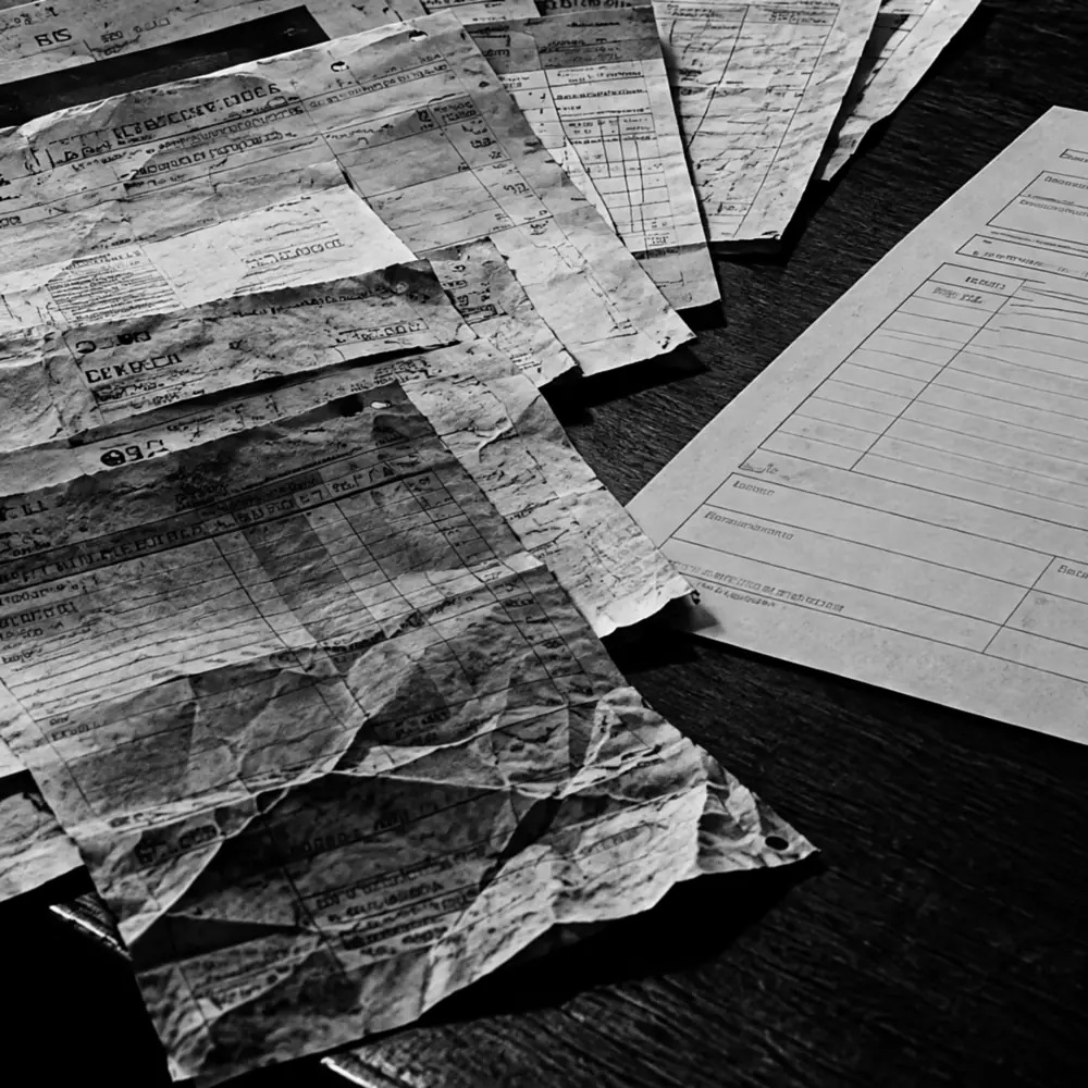 Zerknitterte Belege und Formulare nebeneinander auf einem Tisch