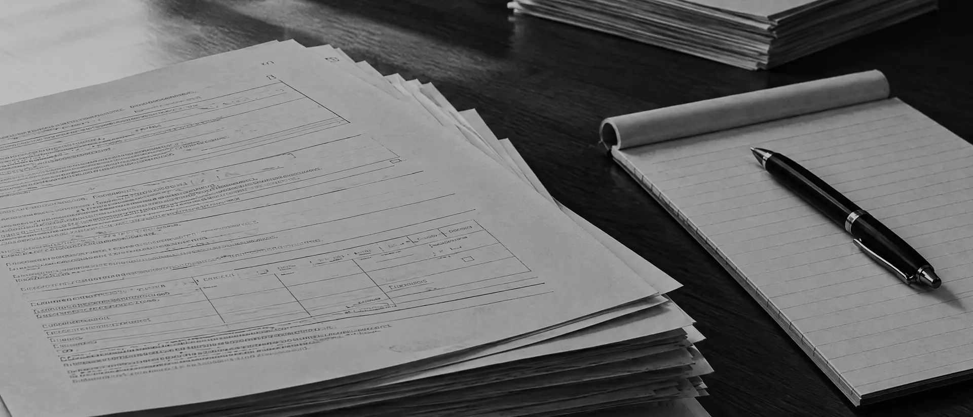 Stapel unterschiedlicher Geschäftsdokumente – Rechnungen, Lieferscheine und Formulare – auf einem Holztisch, daneben ein Notizblock mit Stift