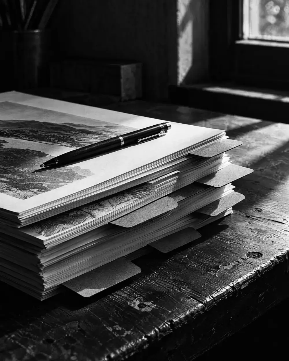 Stapel bedruckter Projektberichte mit herausragenden Registerreitern auf einem Werktisch, ein Stift darauf