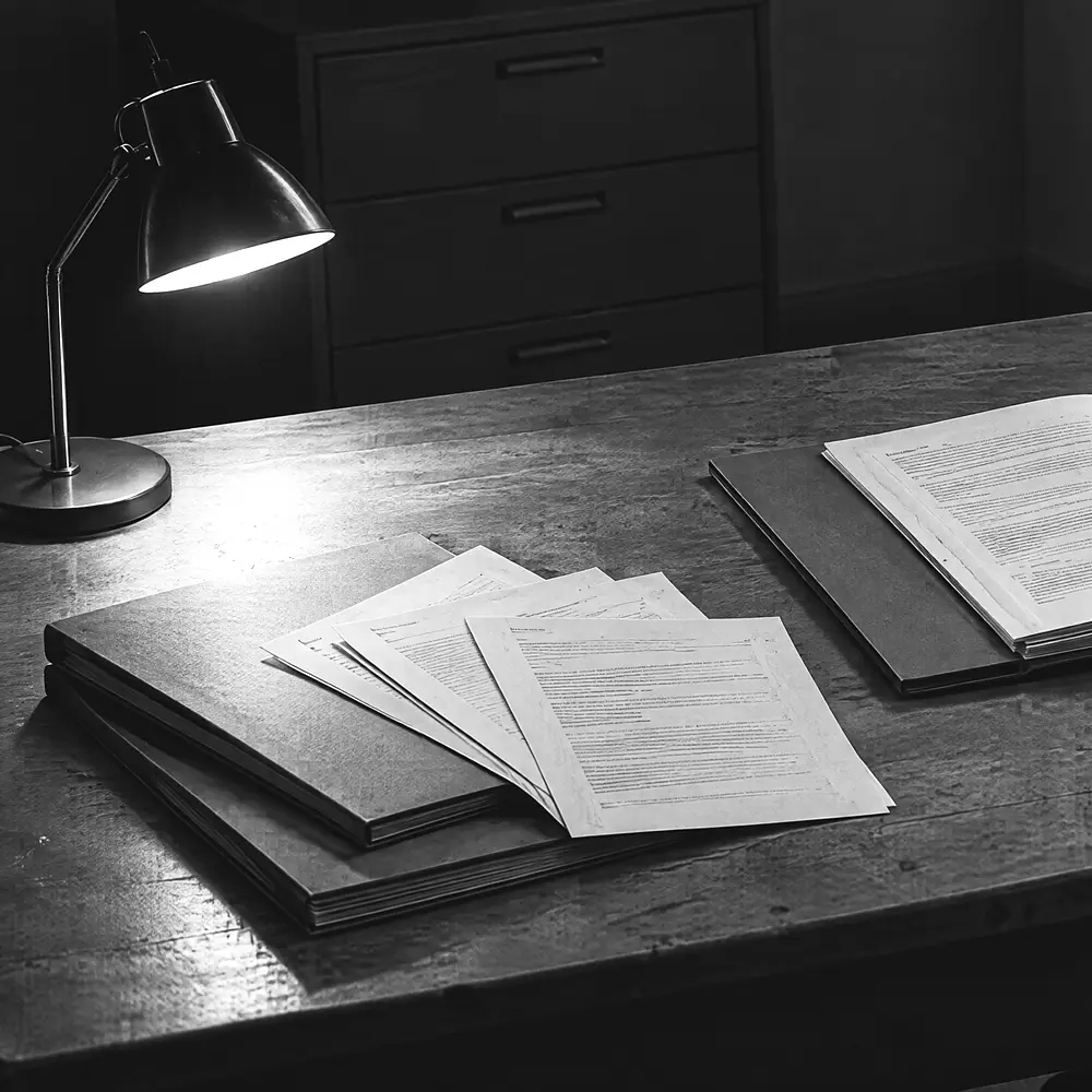 Stapel Firmenordner mit losen Blättern auf einem Schreibtisch, im Licht einer Schreibtischlampe