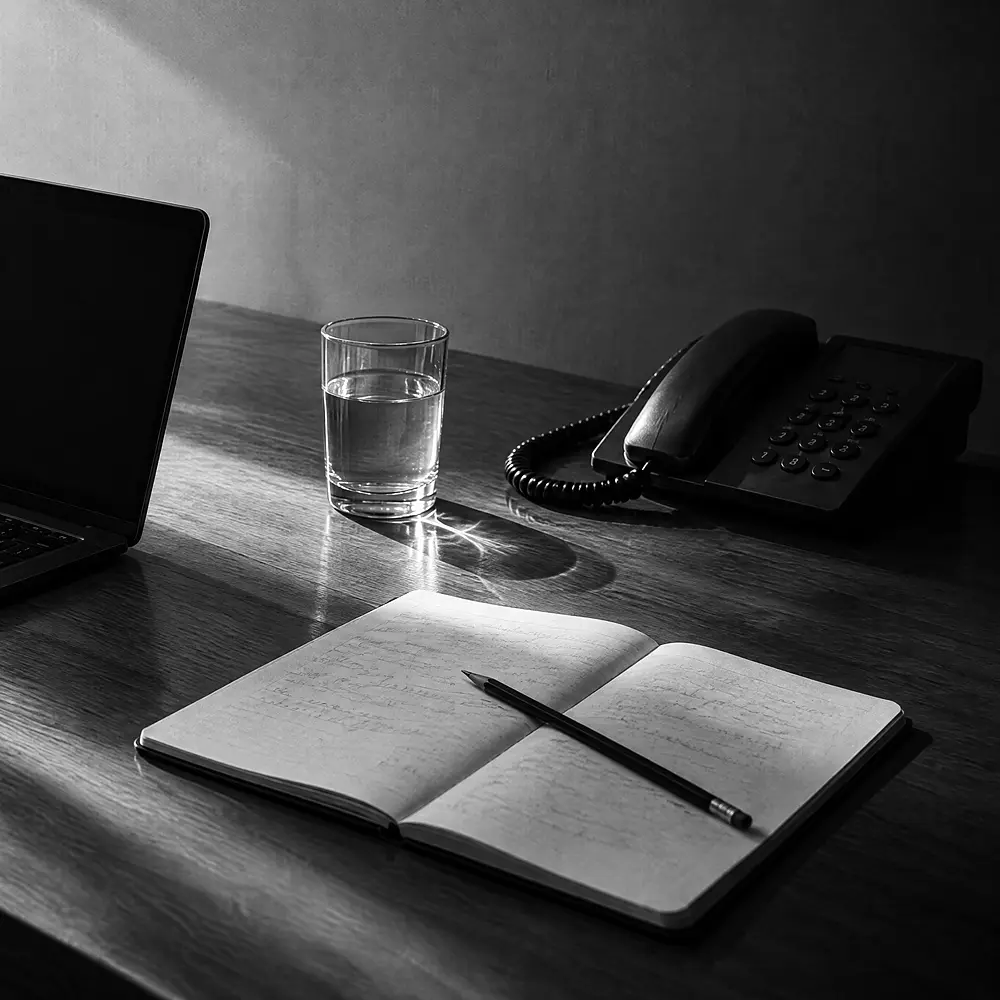 Aufgeschlagenes Notizbuch mit Bleistift, daneben ein Wasserglas und ein Telefon auf einem Holztisch