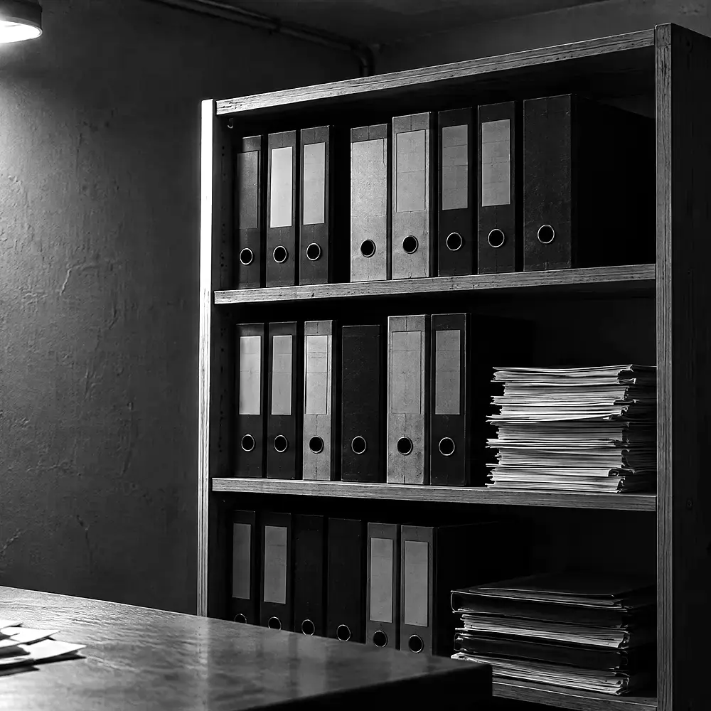 Holzregal mit Ordnerreihen und Papierstapeln in einem Technikraum