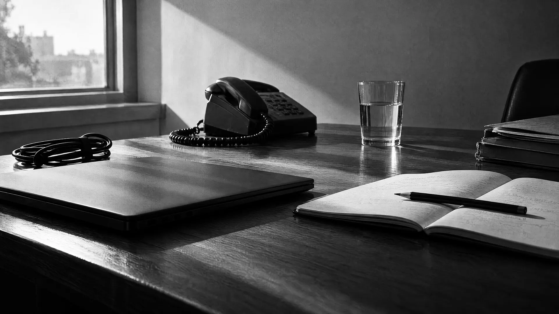 Schreibtischtelefon und aufgeschlagenes Notizbuch auf einem Holztisch, daneben ein geschlossener Laptop und ein Glas Wasser