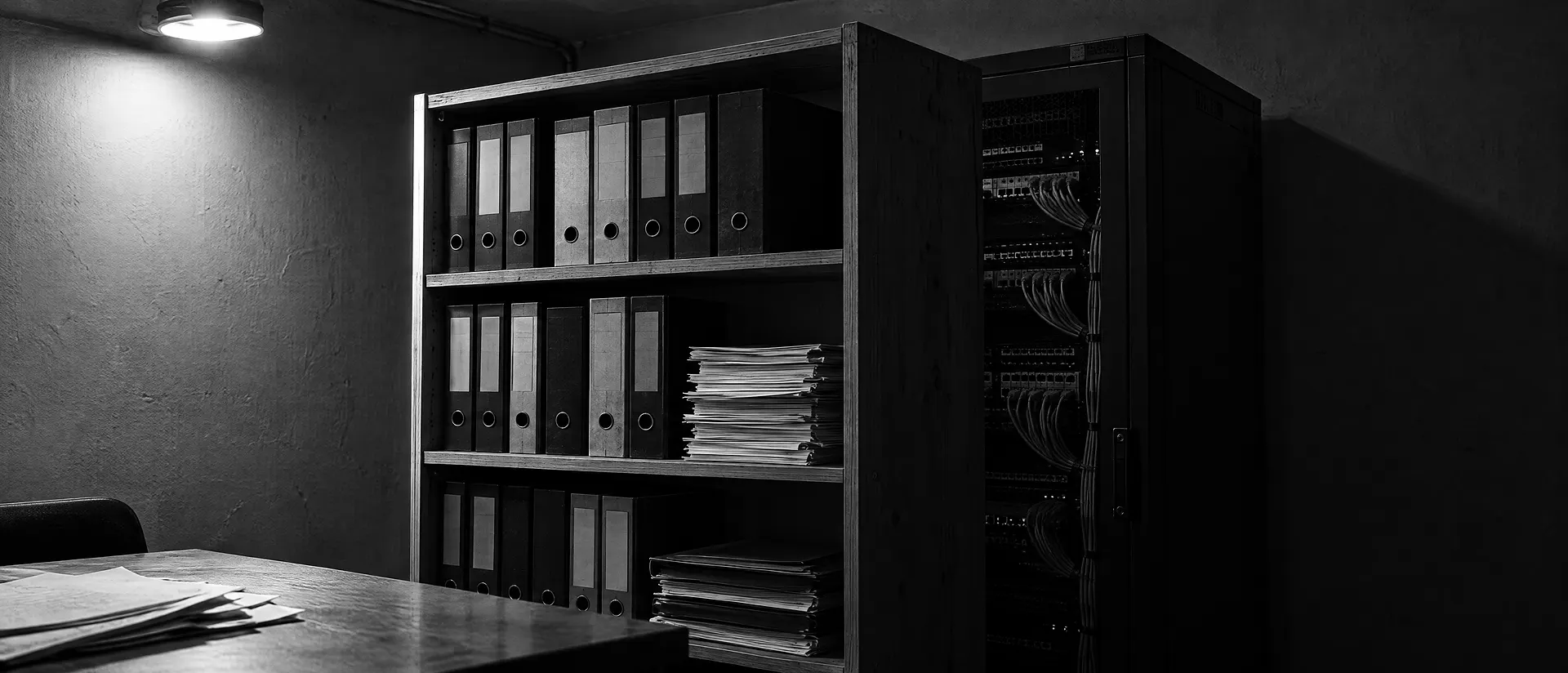 Offener Serverschrank mit Patchfeld und Kabelbündeln neben einem Holzregal mit Ordnern in einem Technikraum