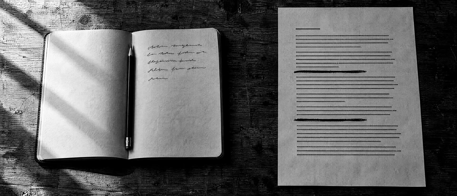 Aufgeschlagenes Notizbuch mit einem Bleistift in der Mitte, daneben ein bedrucktes Blatt mit zwei durchgestrichenen Zeilen auf einem Holztisch