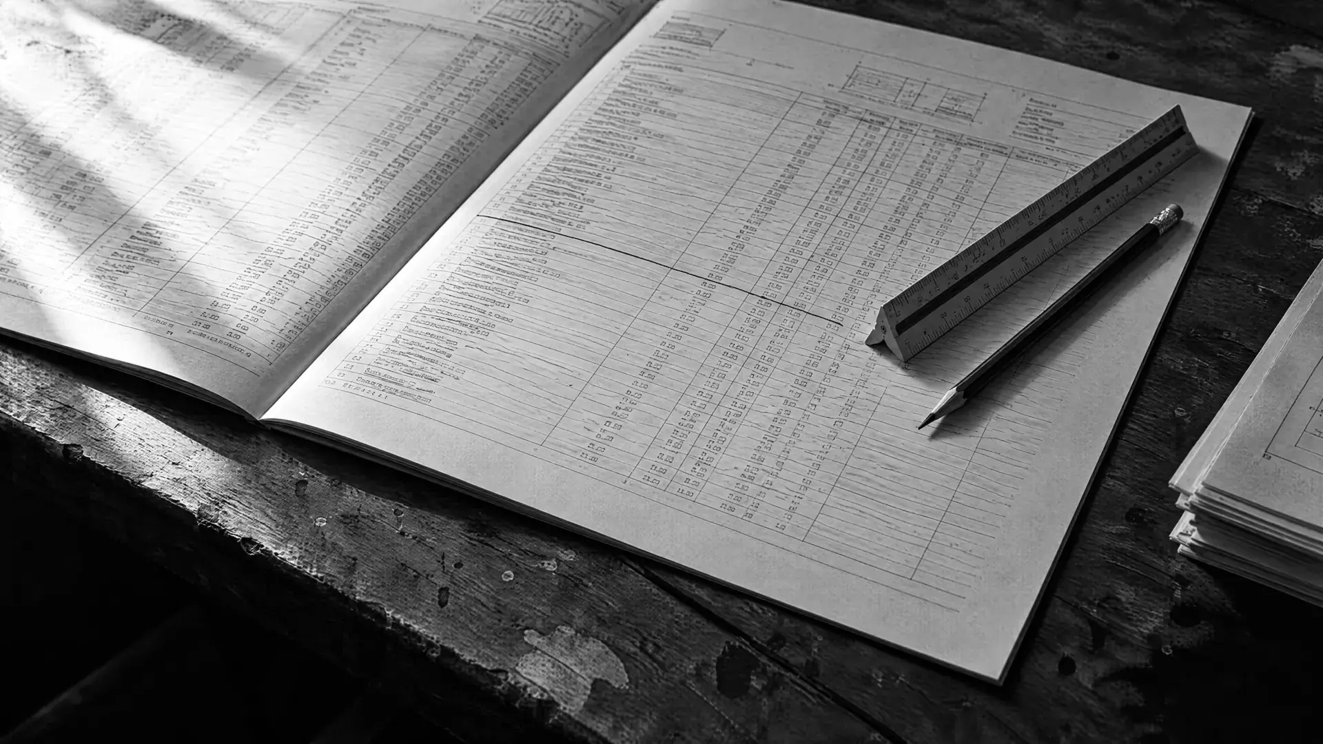 Aufgeschlagenes Leistungsverzeichnis mit Tabellenzeilen, Dreikantmaßstab und Bleistift auf einem abgenutzten Werktisch
