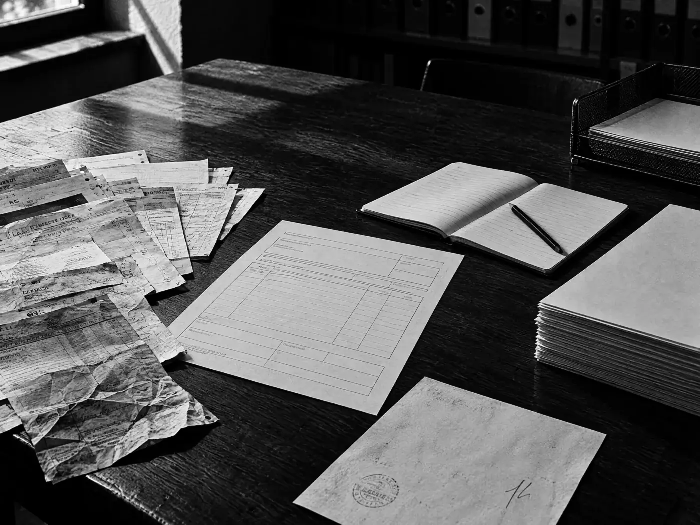 Werktisch mit ausgebreiteten Belegen, Formularen und Notizbuch, dahinter Ablagekorb und Ordnerregal