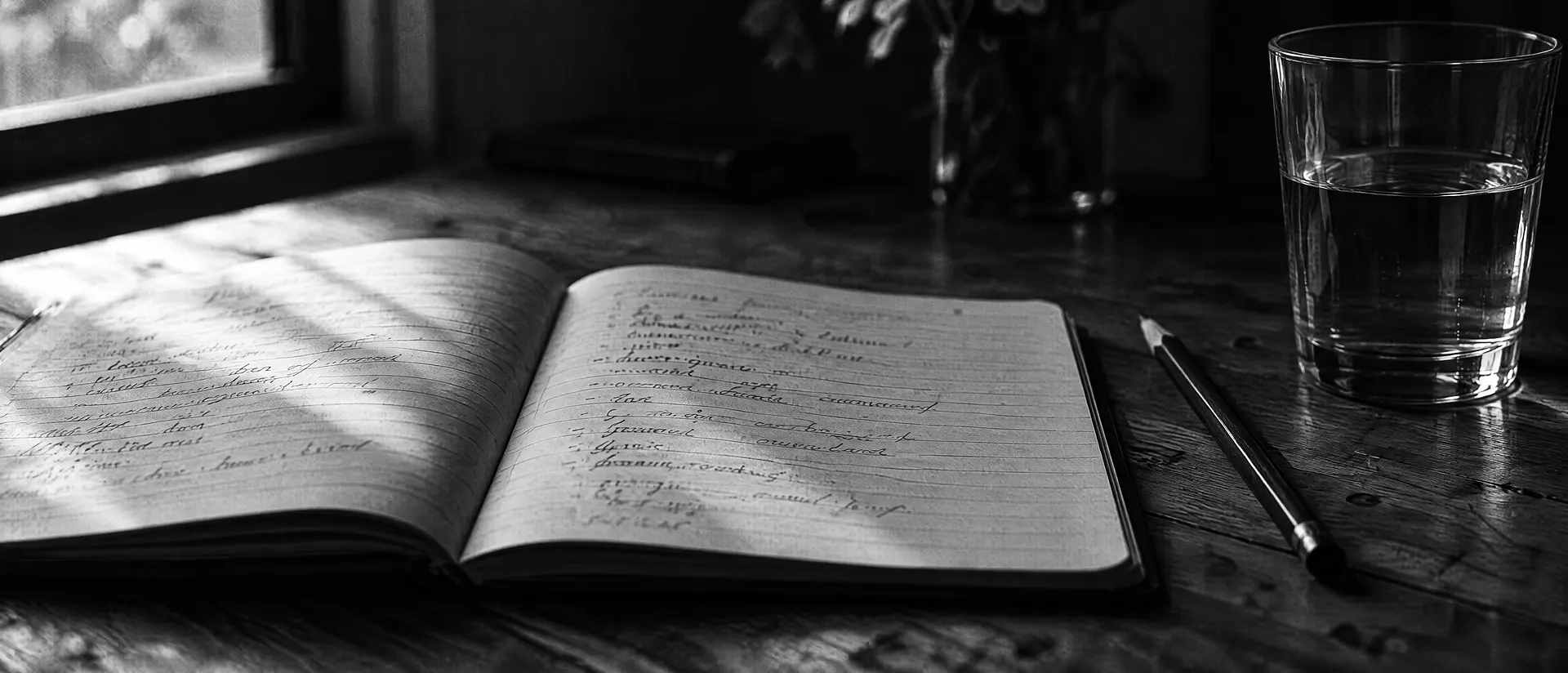 Aufgeschlagenes Notizbuch mit handschriftlichen Stichworten, daneben ein Bleistift und ein halbvolles Wasserglas auf einem Holztisch
