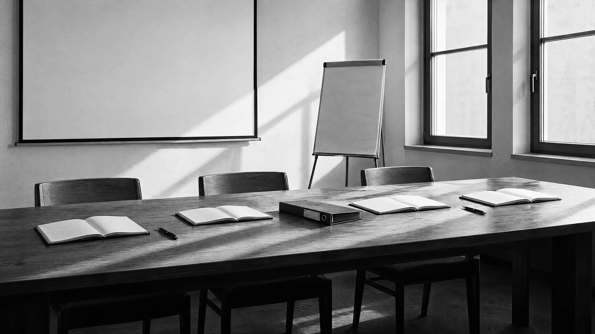 Leerer Schulungsraum mit langem Holztisch, aufgeschlagenen Notizbüchern und leerer Leinwand, hartes Fensterlicht von rechts