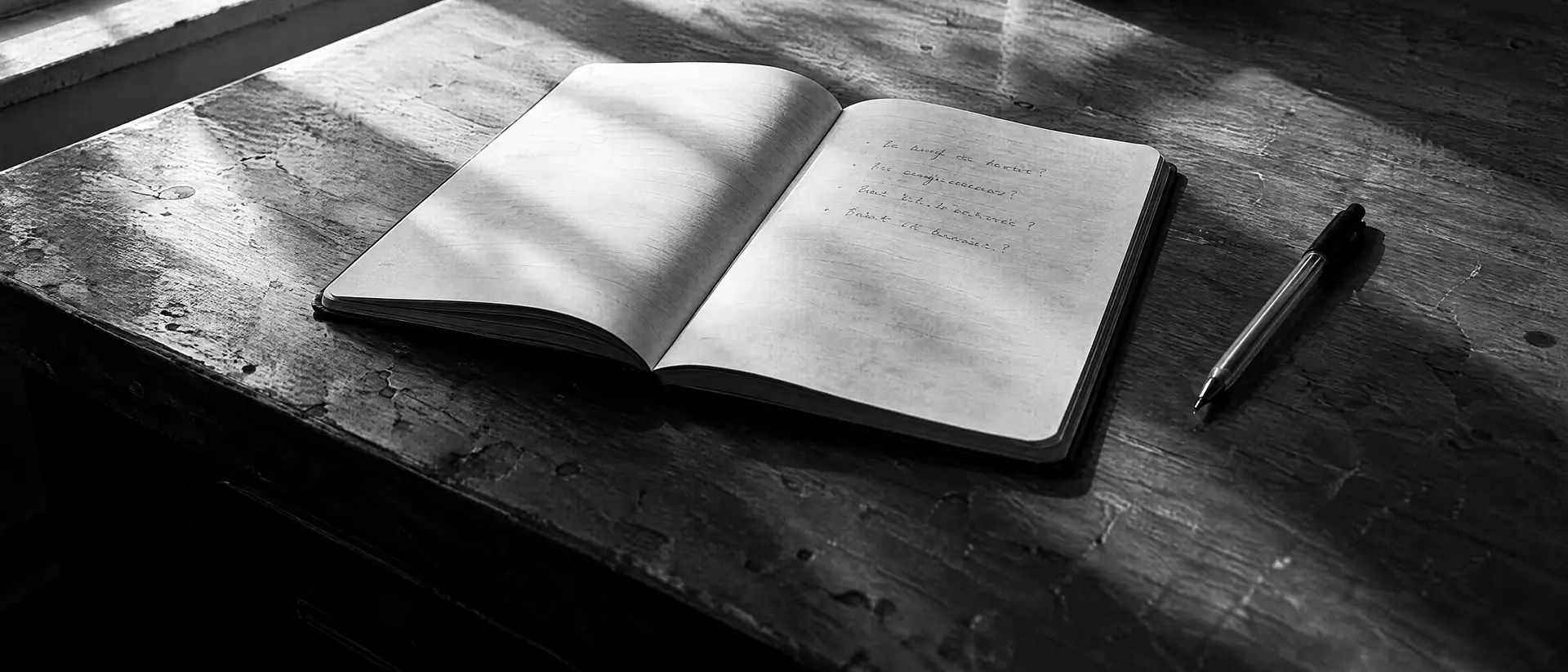 Aufgeschlagenes Notizbuch mit handschriftlichen Zeilen und ein Kugelschreiber auf einem Holztisch