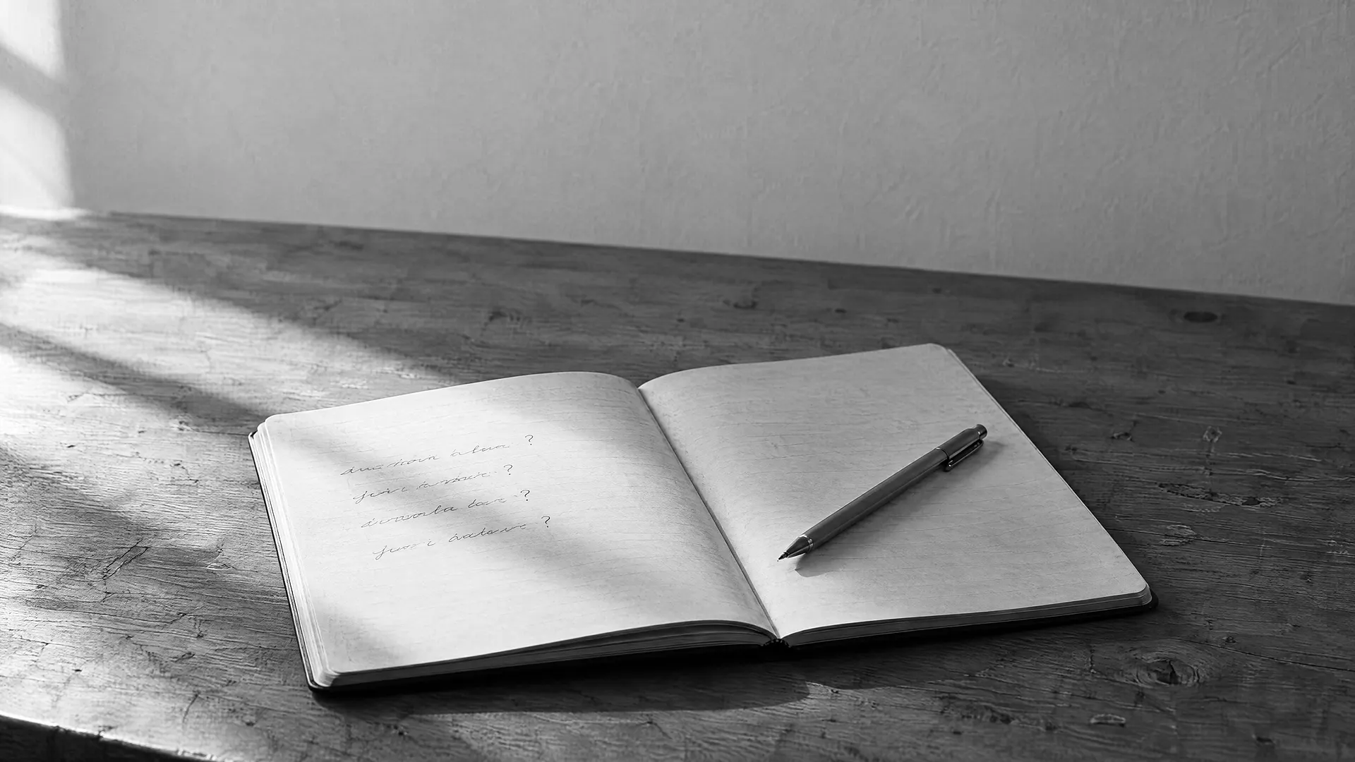 Aufgeschlagenes Notizbuch mit notierten Fragen, daneben ein Stift auf einem Holztisch