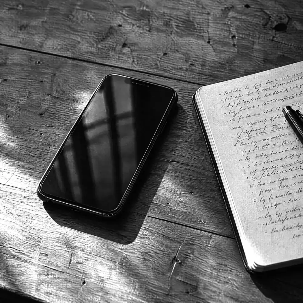 Liegendes Smartphone neben einem aufgeschlagenen Notizheft mit Handschrift auf einem Holztisch
