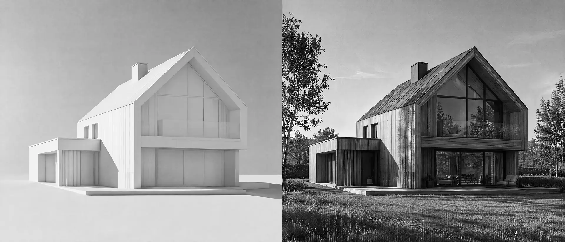 Zweiteiliges Bild derselben Ansicht: links das weiße Architekturmodell, rechts die fotorealistische Visualisierung mit Fassade, Umgebung und Vegetation