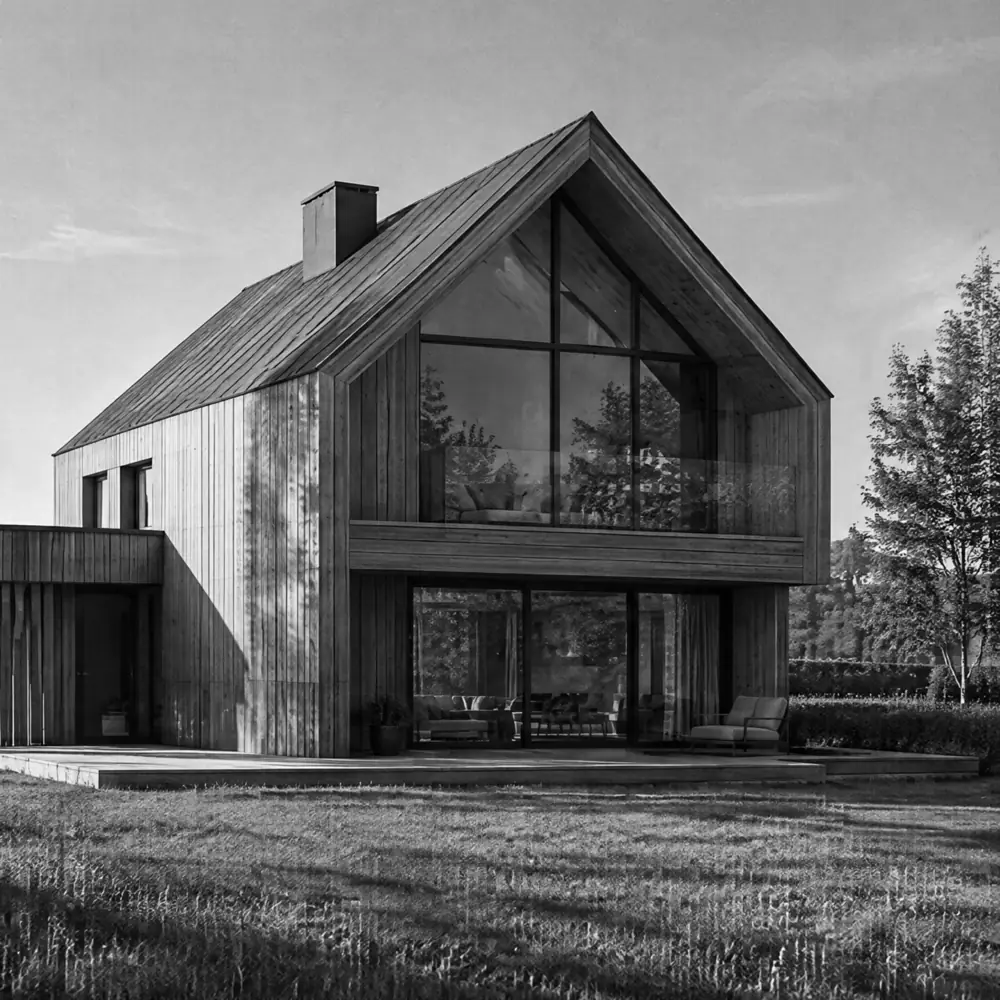 Fotorealistische Visualisierung eines Holzhauses mit verglaster Giebelfront