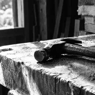 Schnurloses Telefon zwischen Hammer, Stechbeitel und Zollstock auf einer Werkbank, dahinter ein Stapel Holzbretter