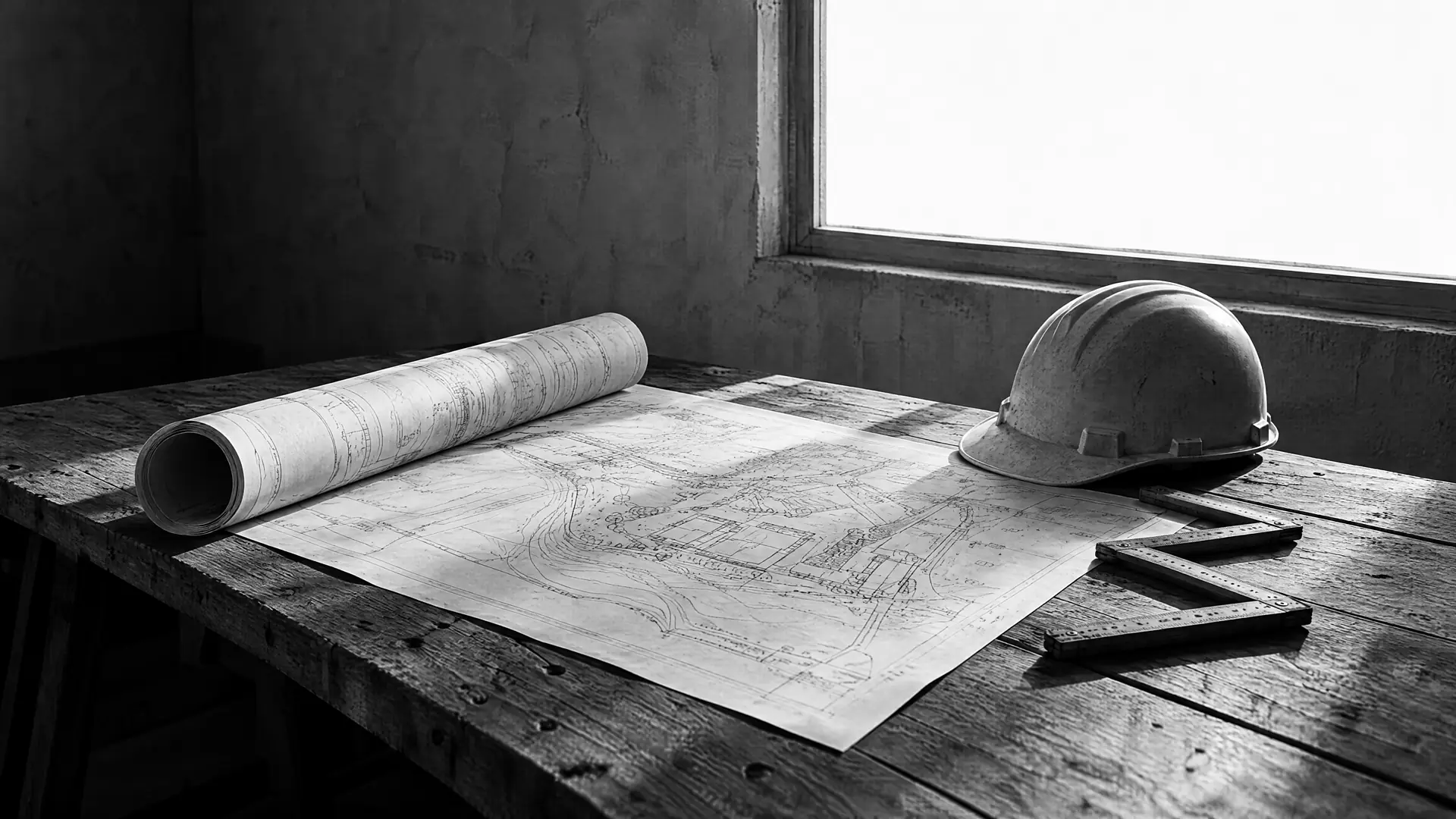 Bauplan-Rolle und ausgebreiteter Bauplan mit unleserlichen Linien, Zollstock und Bauhelm auf rohem Holz, hartes Seitenlicht