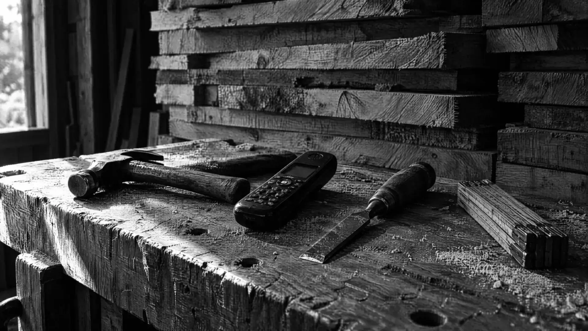 Schnurloses Telefon zwischen Hammer, Stechbeitel und Zollstock auf einer Werkbank, dahinter ein Stapel Holzbretter