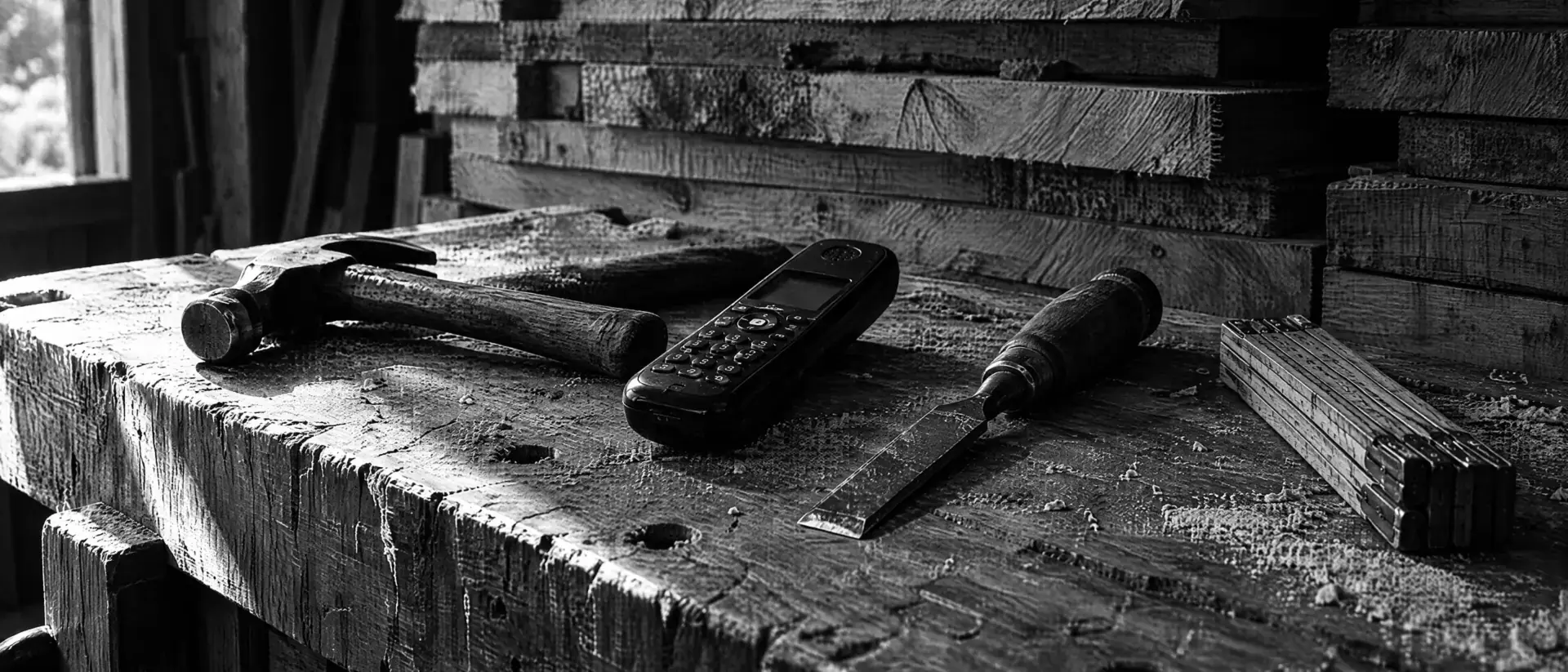 Werkbank mit Hammer, Telefon, Stechbeitel und Zollstock, dahinter ein Stapel Holzbretter
