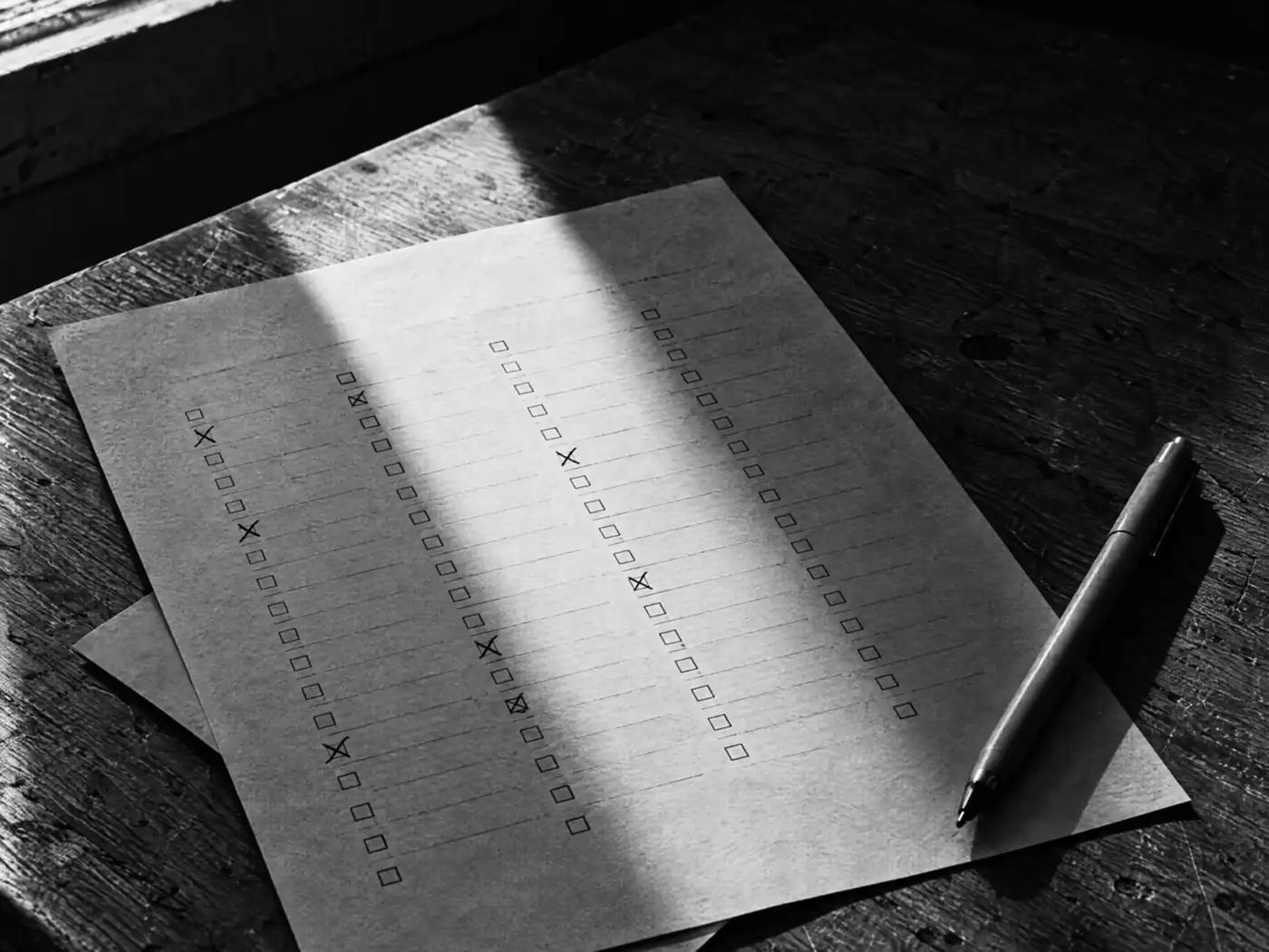 Formular mit Reihen kleiner Ankreuzkästchen und Stift auf einem dunklen Holztisch im harten Seitenlicht