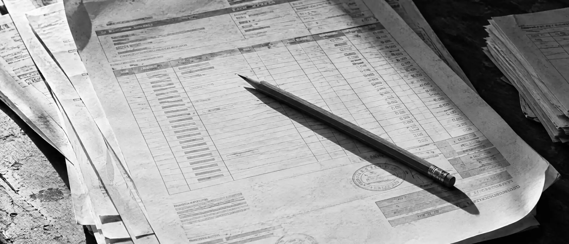 Stapel amtlich wirkender Formulare mit unleserlichem Text, Stempelabdruck und Bleistift auf einem Holztisch
