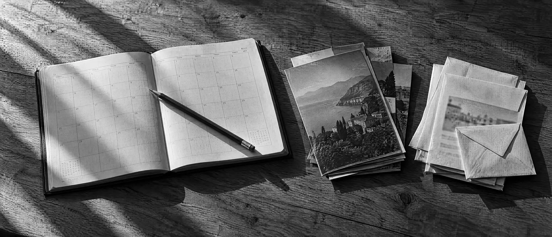 Aufgeschlagener Terminkalender mit Bleistift auf einem Holztisch, daneben ein Stapel Karten und Briefe