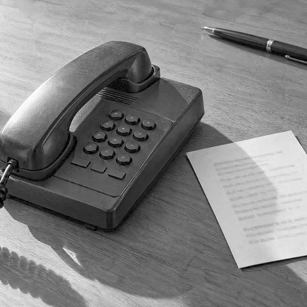 Telefon und ein kurzer schriftlicher Hinweis auf einem Schreibtisch
