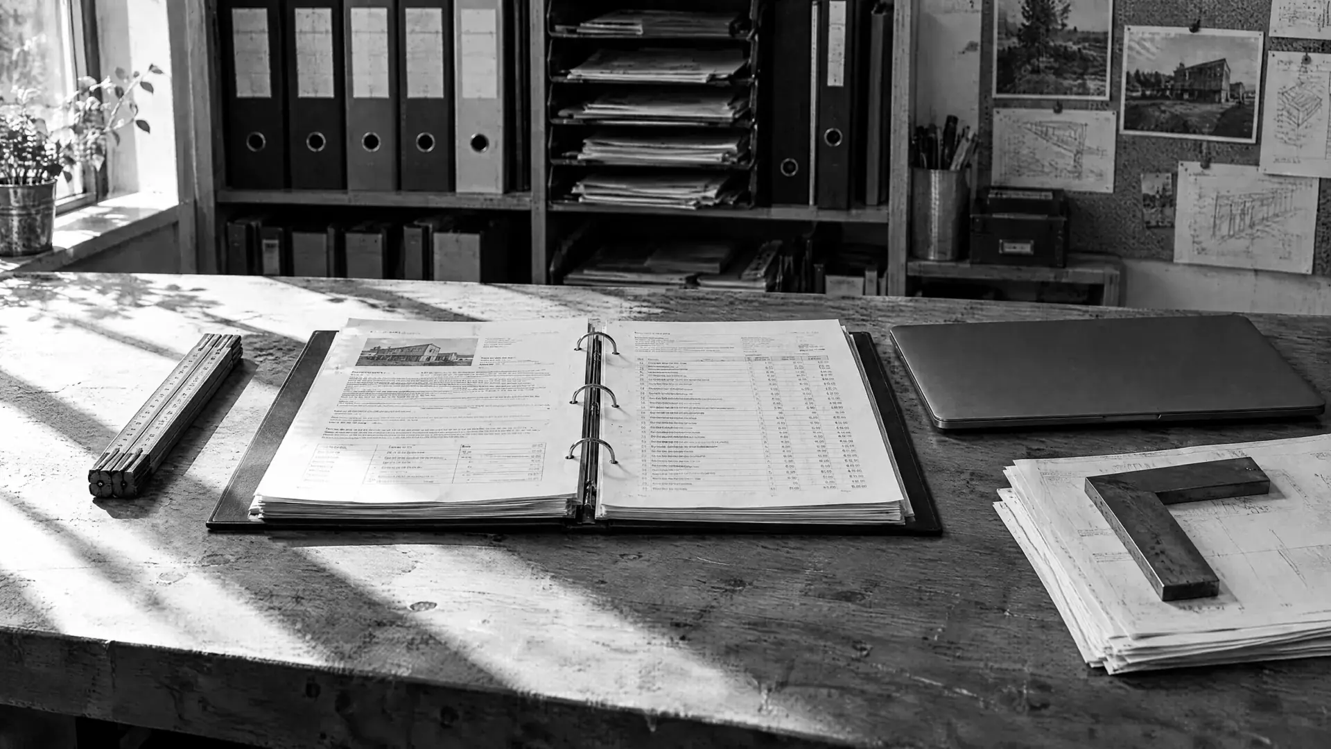 Aufgeschlagener Angebotsordner mit Zollstock und geschlossenem Laptop auf einem Werktisch