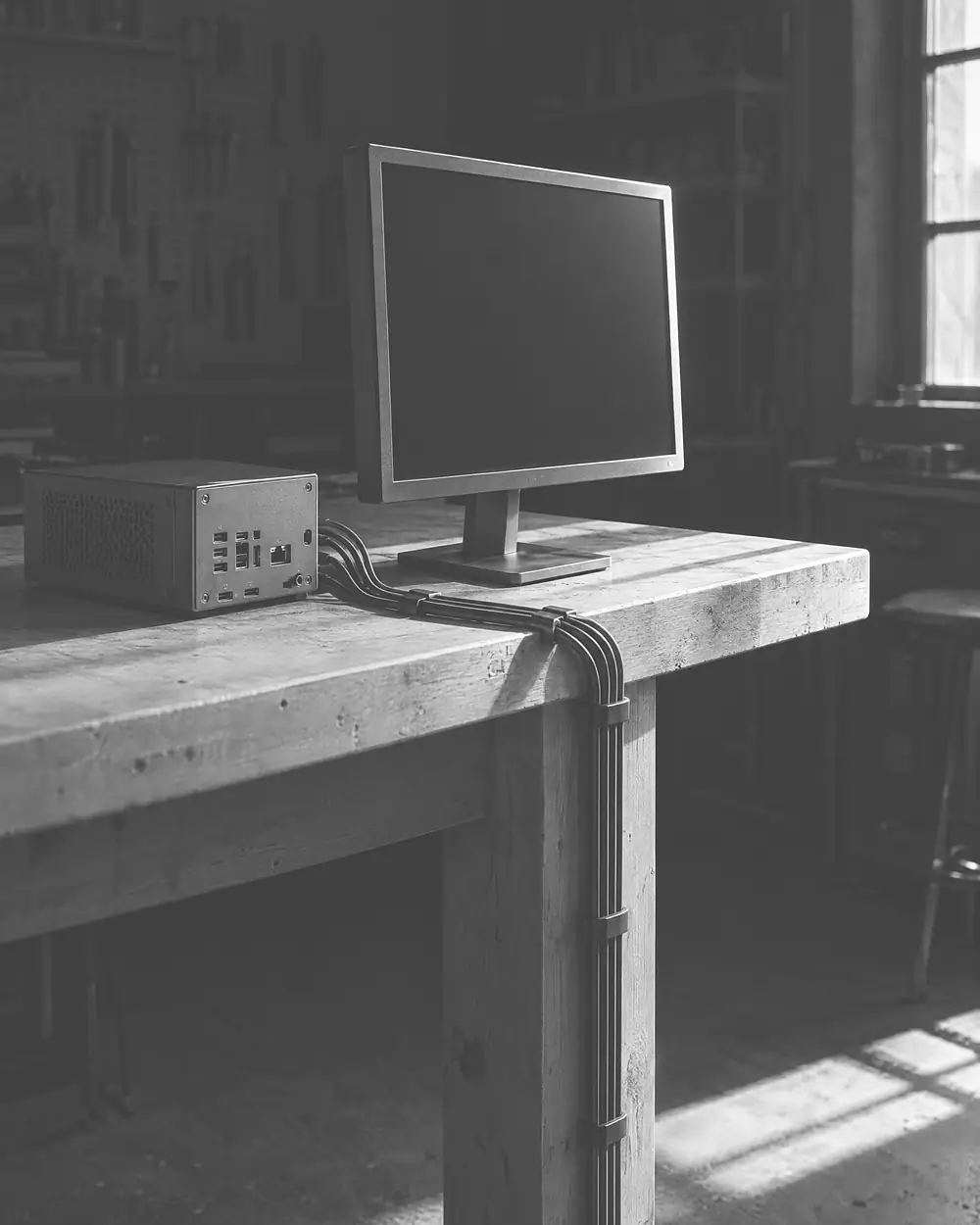 Kleiner Rechner und Monitor mit sauber geführten Kabeln auf einem Holztisch