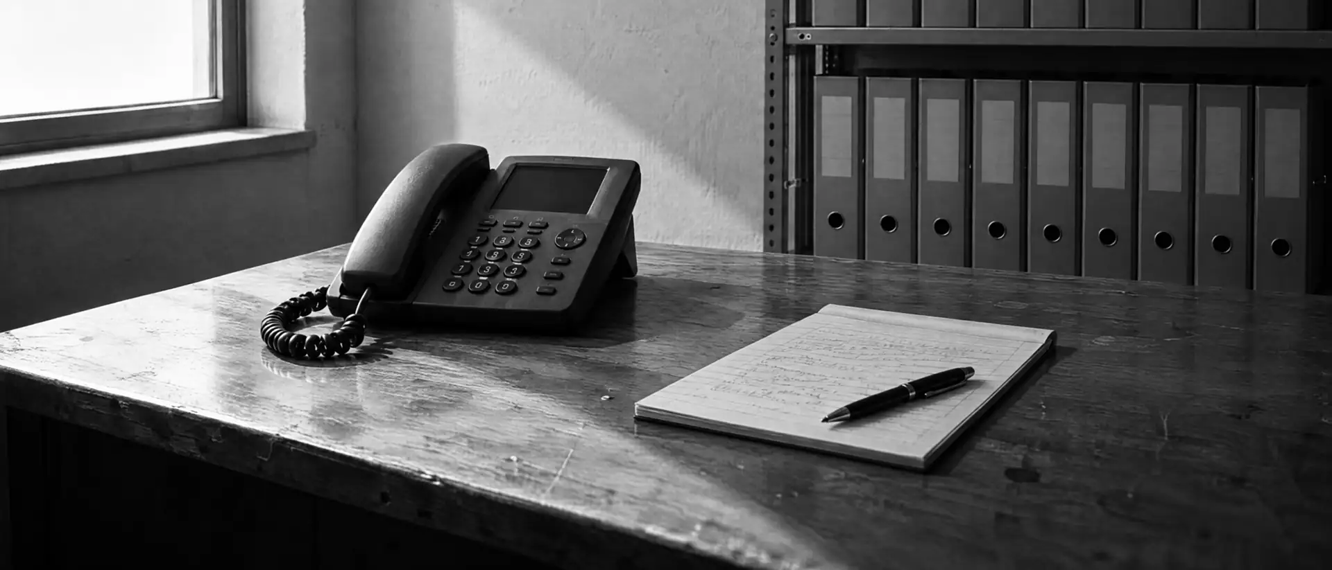 Tischtelefon mit Hörer und Notizblock auf einem Holztisch, dahinter ein Regal mit Aktenordnern